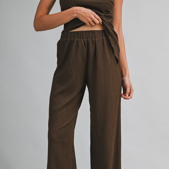 NWT Mable Brown Soft Textured Fabric Set One Shoulder Twist Top & Long Pants - Picture 3 of 7